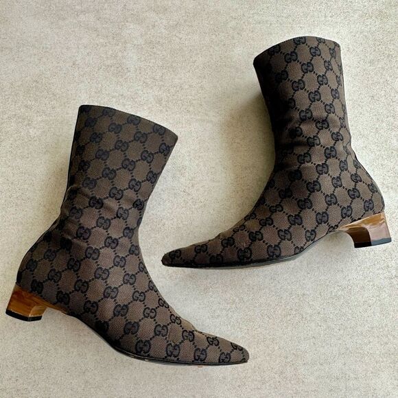 Gucci Vintage 90'S Brown GG Monogram Canvas Boots Wood Heels US 6B - Picture 14 of 16